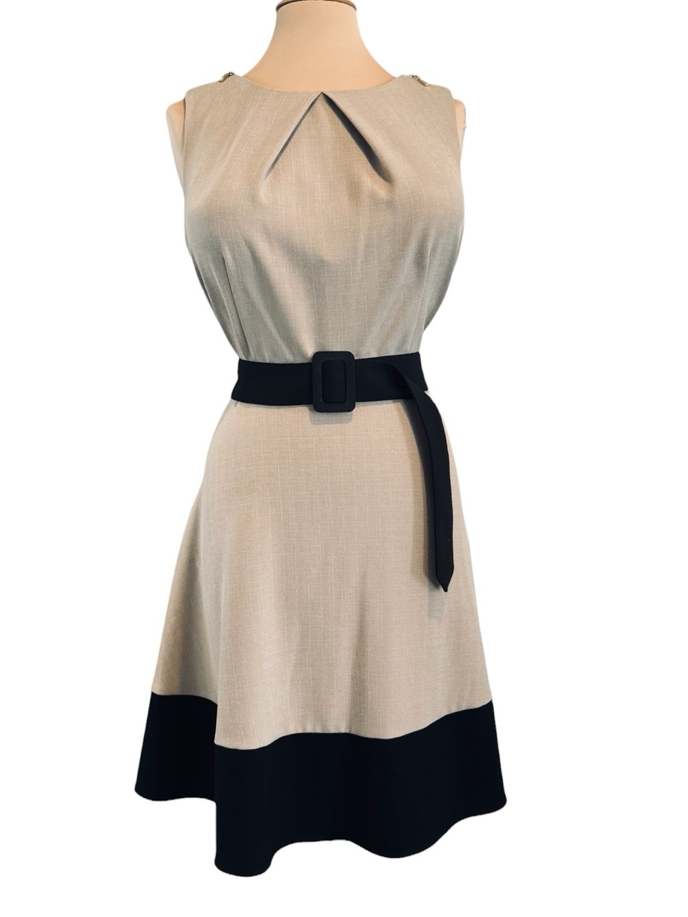Dress Barn NWT Tan Black Sleeveless Fit Flare A-line Belted Midi Dress Plus 16